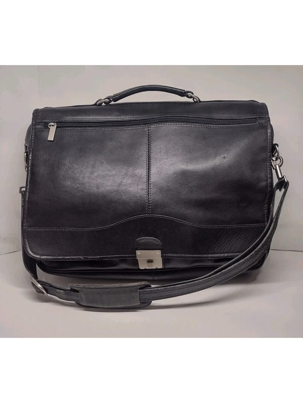 90s Black Genuine Leather Expandable Briefcase Amiet Swiss Lock Executive Bag